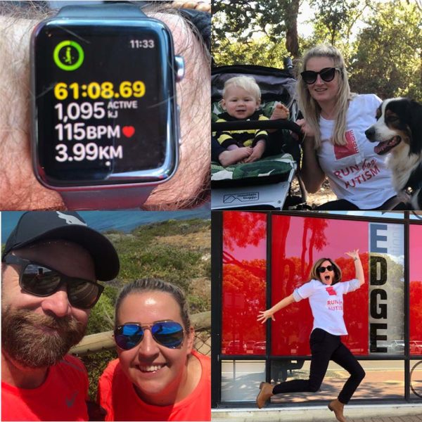 Collage of four images, apple watch, woman with child and dog, selfie of two people and one person jumping in front of window