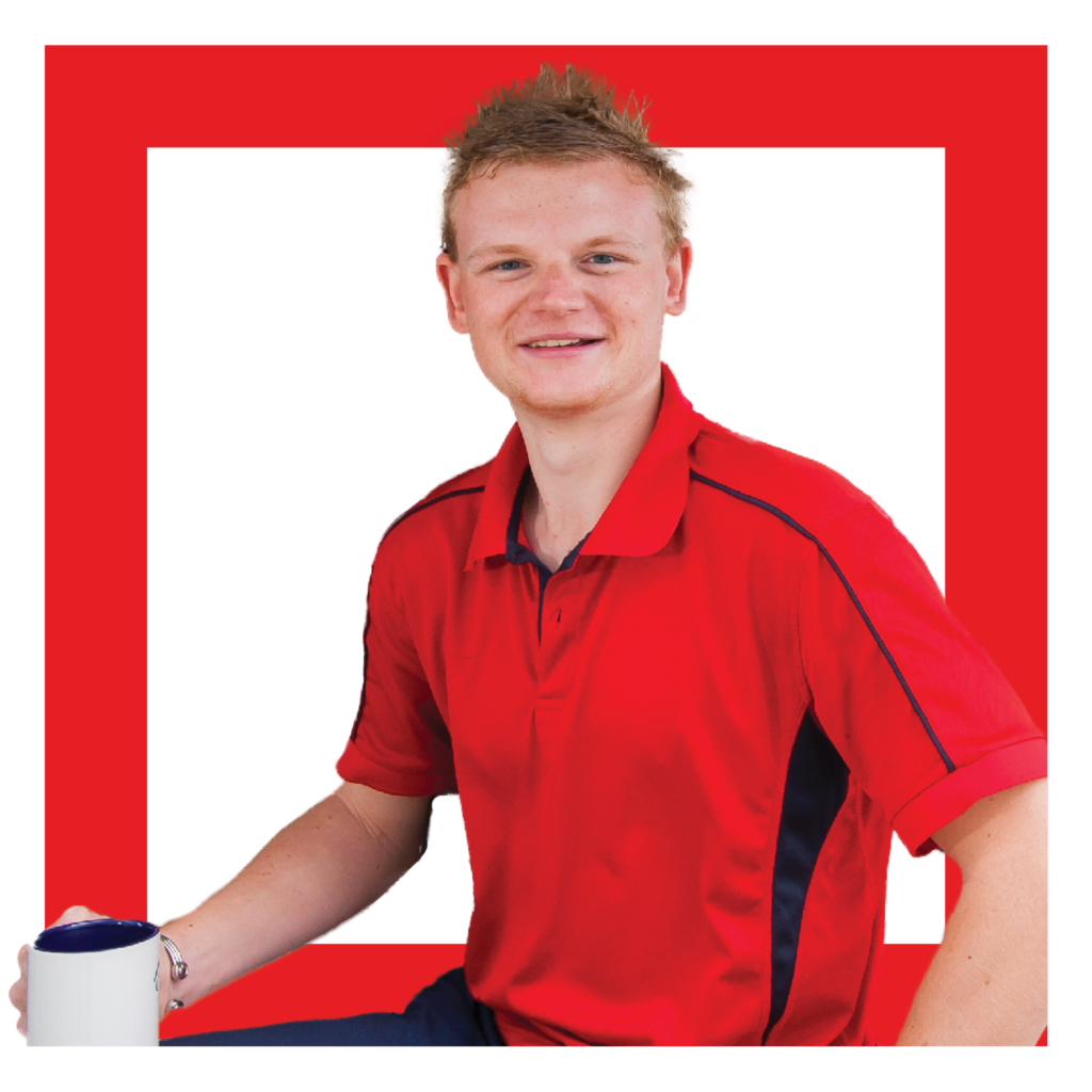 Image of Ben holding a cup with a square as a background