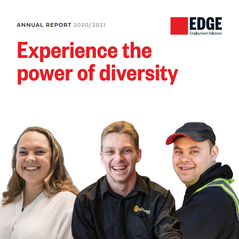Annual Report cover featuring Edge logo and the text- Experience the power of diversity. Annual Report 2020-2021 and three clients smiling.