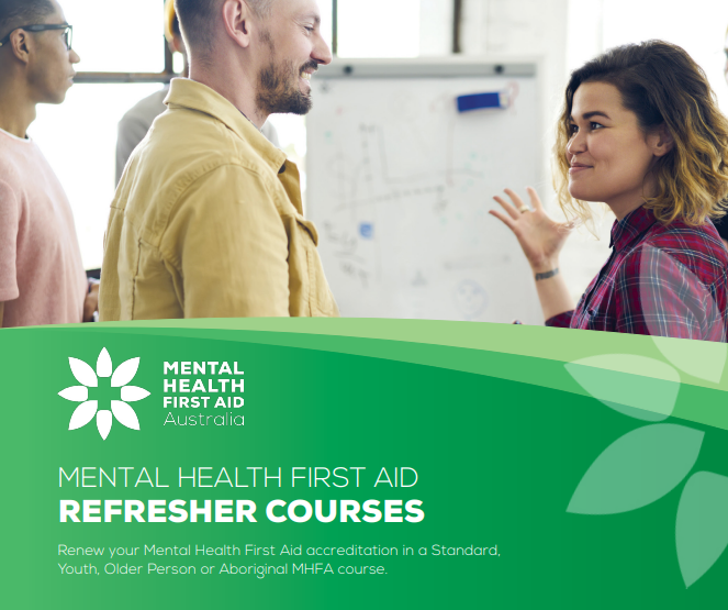 Image of woman gesturing while speaking to a man with the text below stating, Mental Health First Aid Refresher Courses. Renew your Mental Health First Aid accreditation in a Standard, Youth, Older Person or Aboriginal MHFA course.