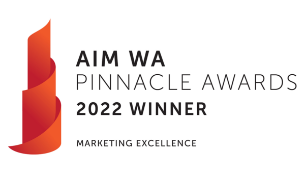 Graphic of the AIM WA Pinnacle Award trophy along with the text, 'AIM WA Pinnacle Awards 2022 Winner. Marketing Excellence.