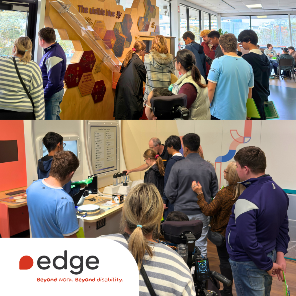 A collage of two photos, showing a group of students and adults visiting an interactive science exhibition at Scitech. People are gathered around hands-on displays, including a wall exhibit and an interactive station. The collage includes the Edge logo and the tagline “Beyond work. Beyond disability.”